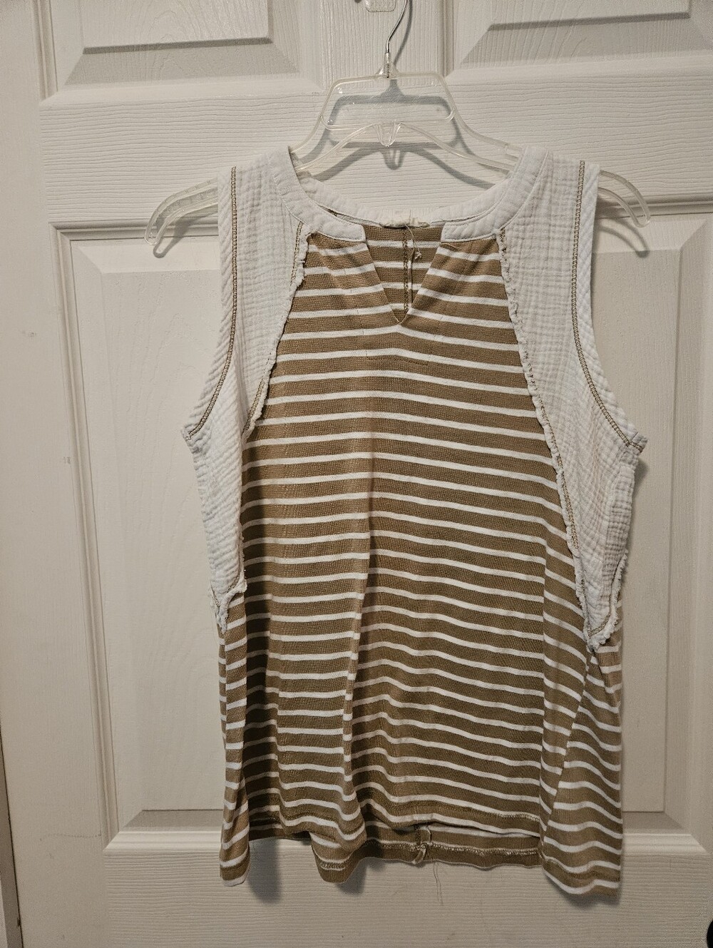 Striped Sleeveless Tank with White Side Panels in Tan